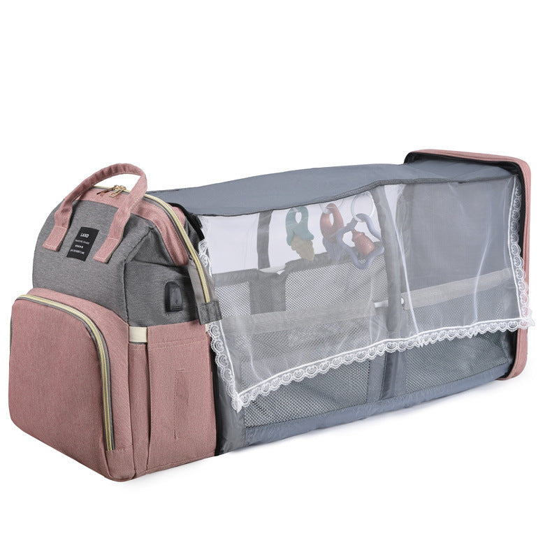3-in-1 diaper bag backpack – with portable baby crib & insulated bottle holders